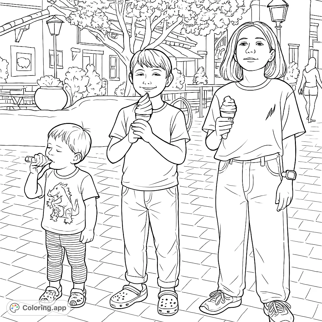 Three happy children enjoying ice cream cones in a lively outdoor setting, perfect for a fun and sweet coloring activity.