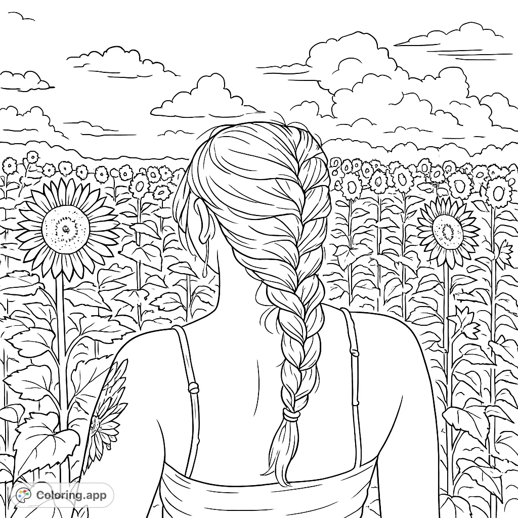 Immerse yourself in a serene sunflower field. A person with a beautiful braid stands amidst towering blooms, under a sky with fluffy clouds.