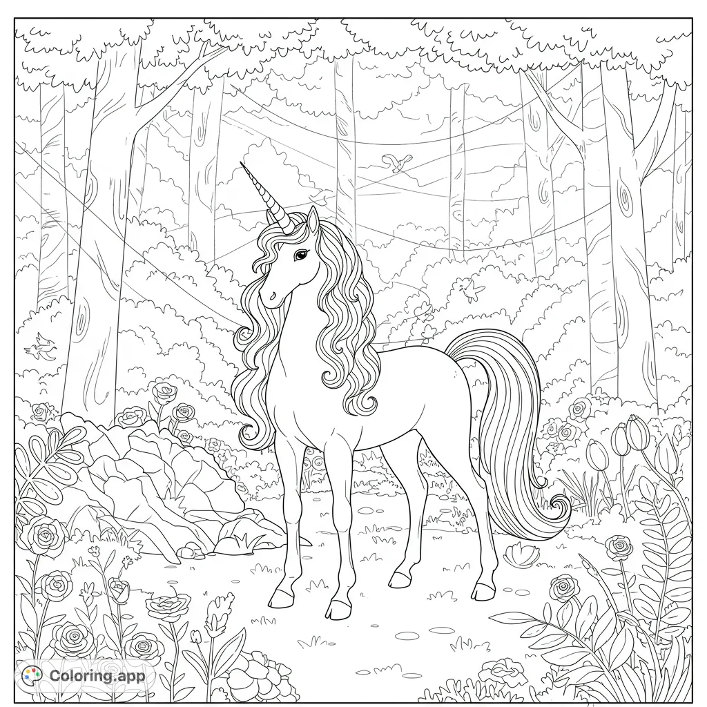 Enter an enchanted forest with a majestic unicorn. This easy-to-color page features flowing manes, whimsical trees, and magical elements.