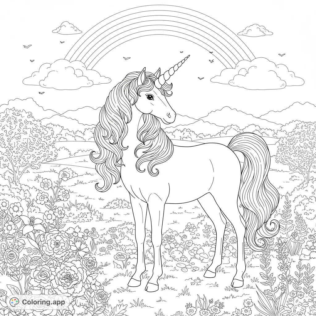 Enter a magical realm with a graceful unicorn amidst blooming flowers and a vibrant rainbow. A whimsical scene perfect for imaginative coloring.