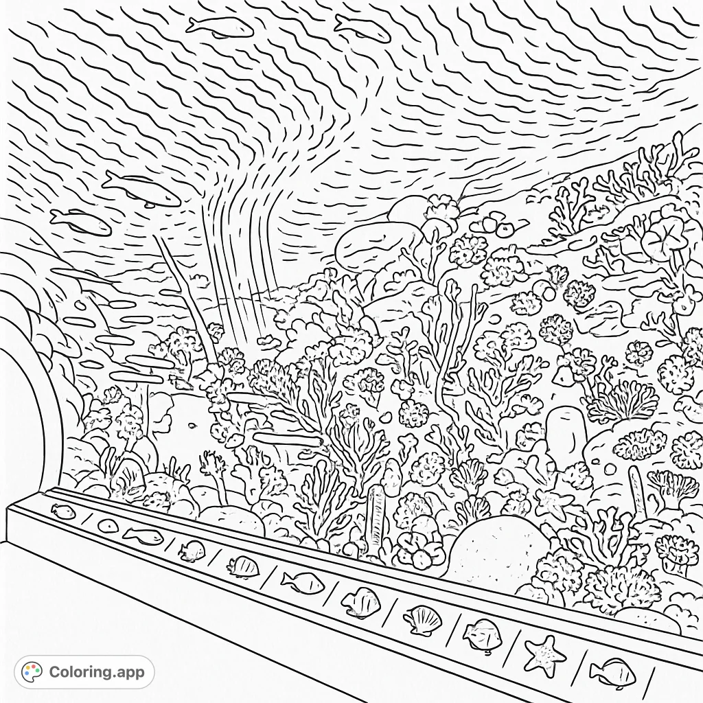 Dive into a detailed underwater reef ecosystem coloring page, featuring diverse fish, intricate corals, and captivating light rays. A free printable ocean life coloring page.