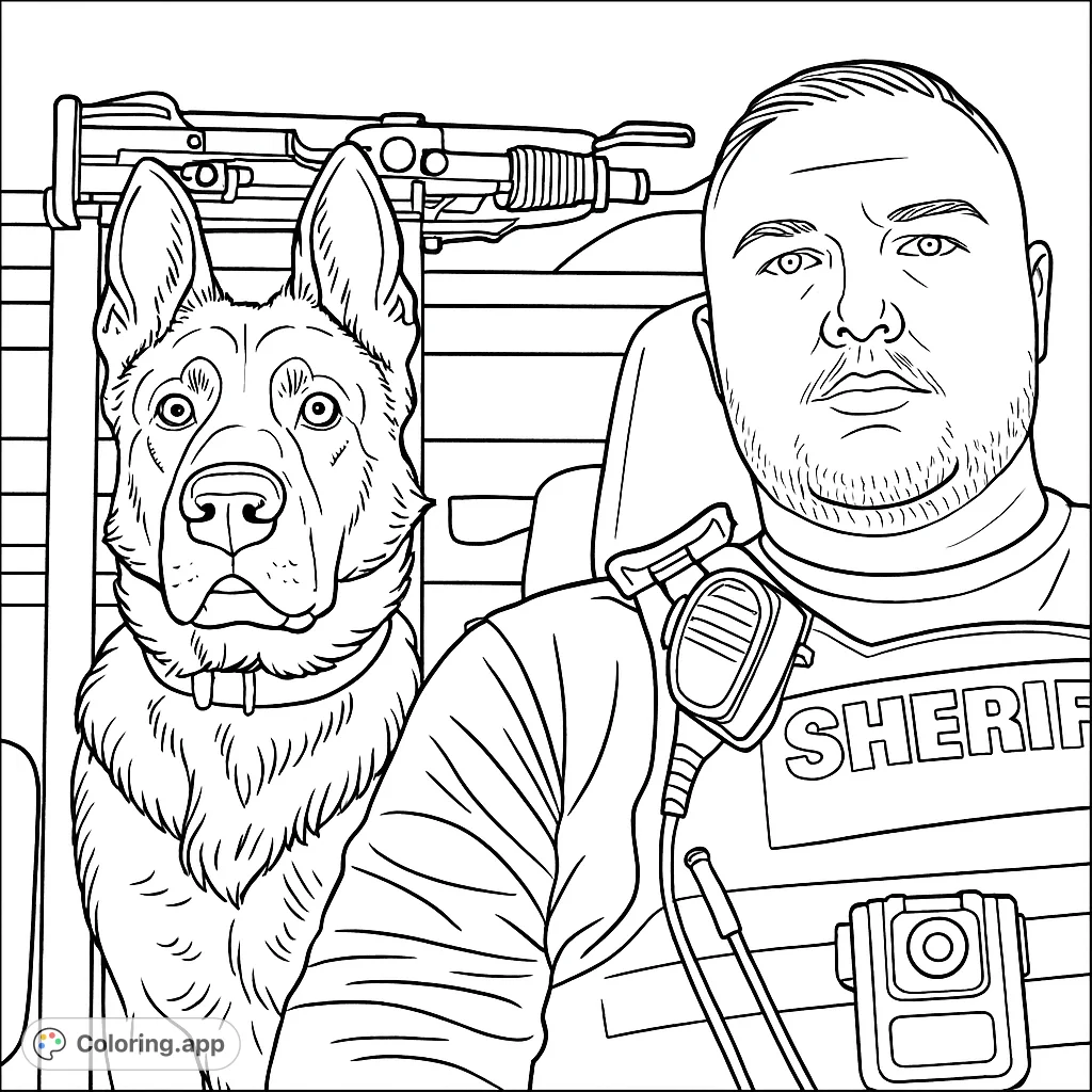 A dedicated officer and his loyal K9 partner ready for duty. This police K9 coloring page captures their bond and readiness for action.