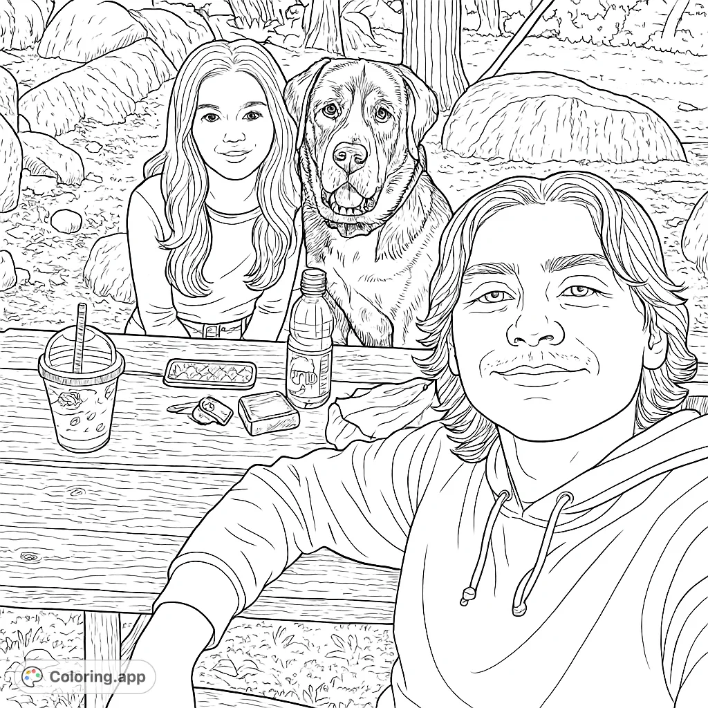 Capture a heartwarming outdoor scene featuring friends and their beloved dog enjoying a picnic. A detailed design perfect for all ages to bring to life.
