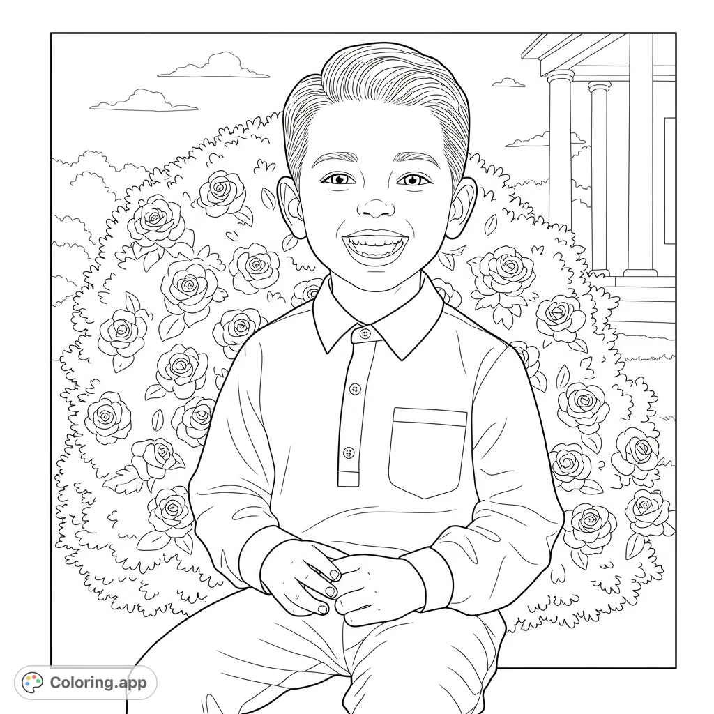 A cheerful young boy smiles broadly in a serene outdoor setting, featuring a lush floral bush and a house with pillars. Perfect for a relaxing coloring session.