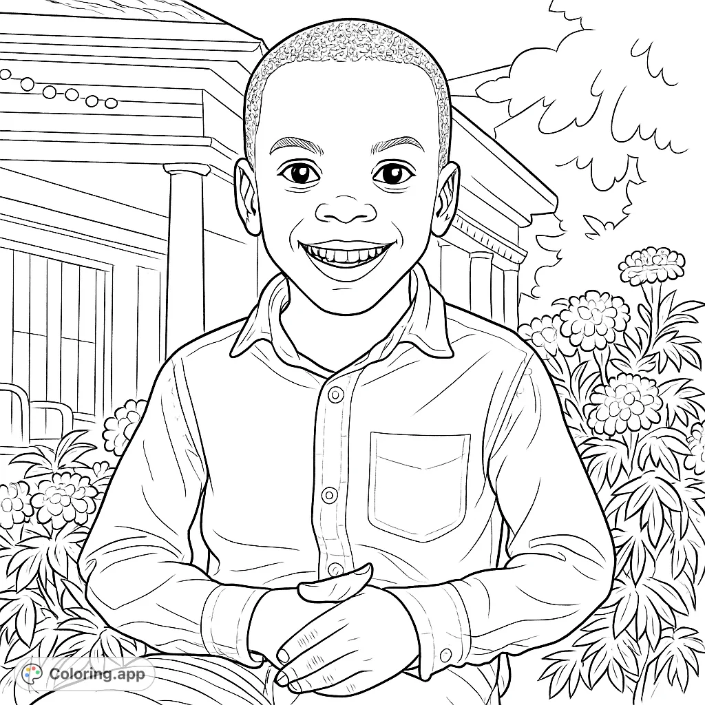 A delightful coloring page featuring a smiling young boy in a collared shirt, seated amidst a vibrant garden with a house in the background. Perfect for all ages!
