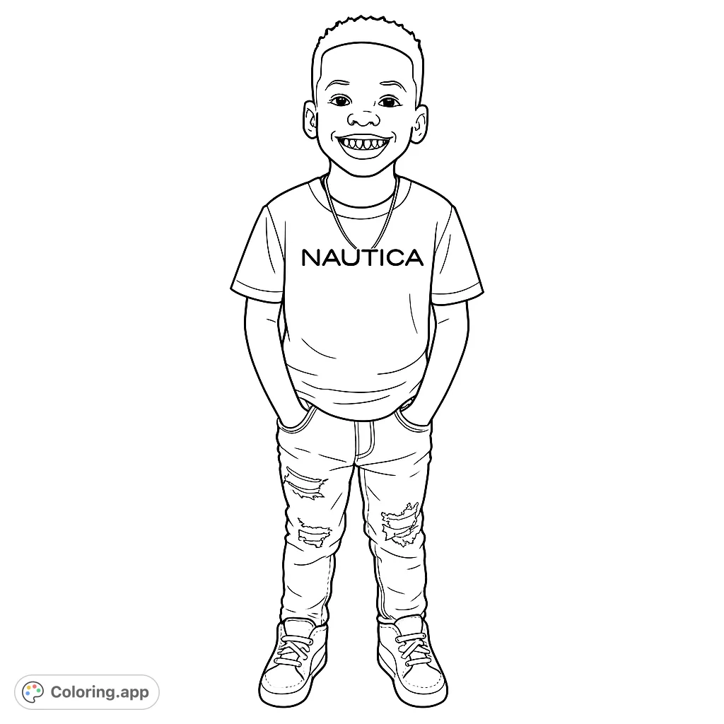 A cheerful young boy in ripped jeans and a t-shirt, ready for a fun coloring adventure. Perfect for kids to express creativity!