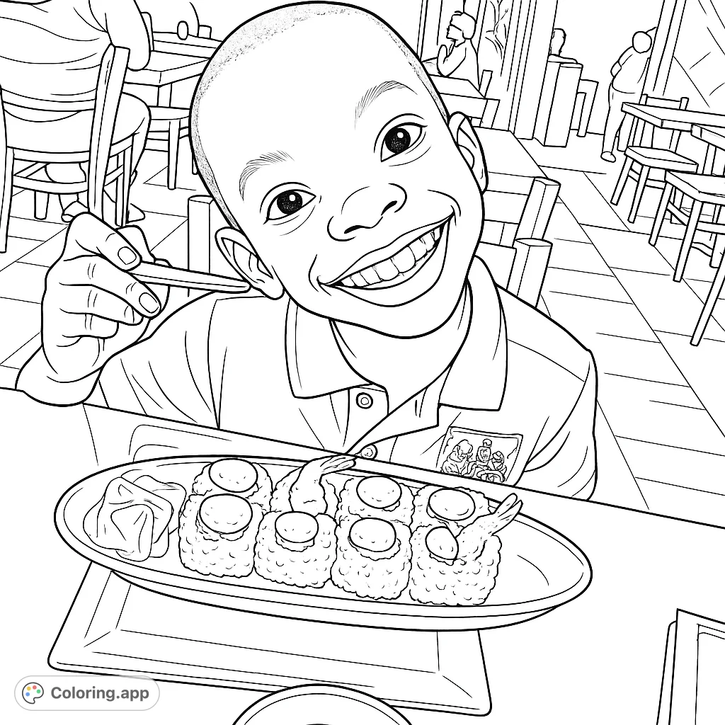 A delightful sushi coloring page featuring a happy child ready to enjoy a meal. Perfect for foodies and young artists.