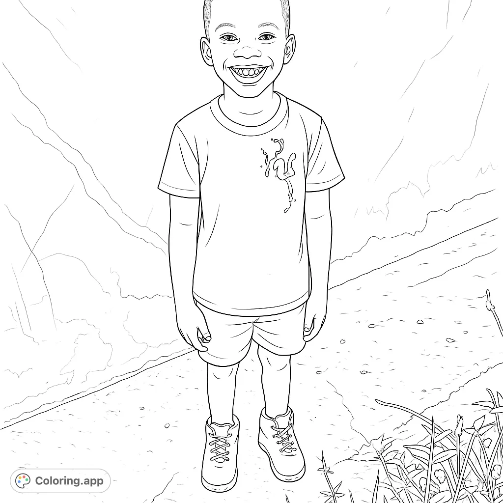A delightful smiling child stands ready for coloring, featuring a textured background and playful clothing details. Perfect for young artists!