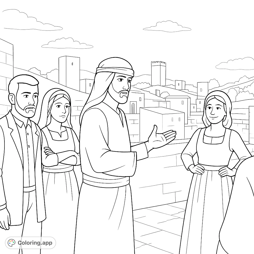 Explore an ancient city scene with four characters in historical attire. A detailed cityscape background invites creative coloring for all ages.