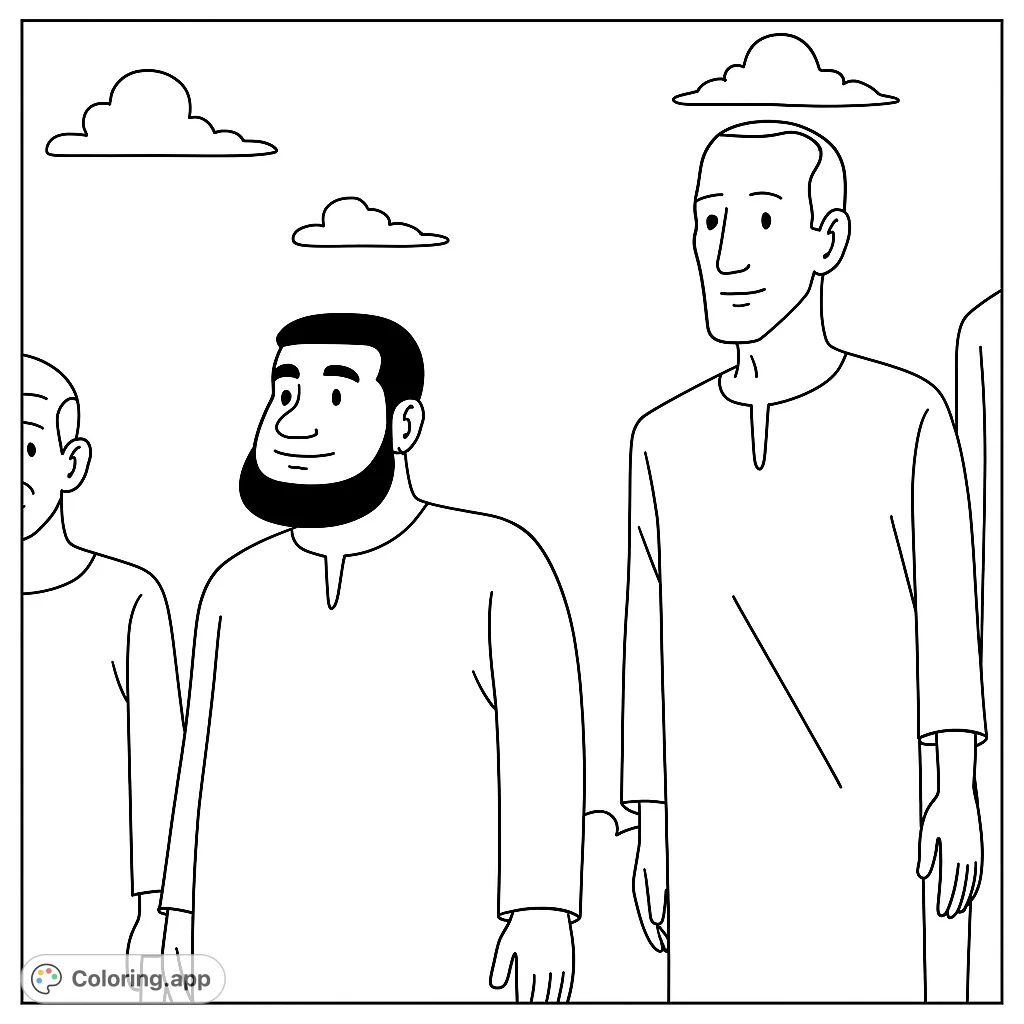 Color a lineup of distinct animated male characters with unique facial features and simple attire against a cloudy sky. Perfect for creative expression!