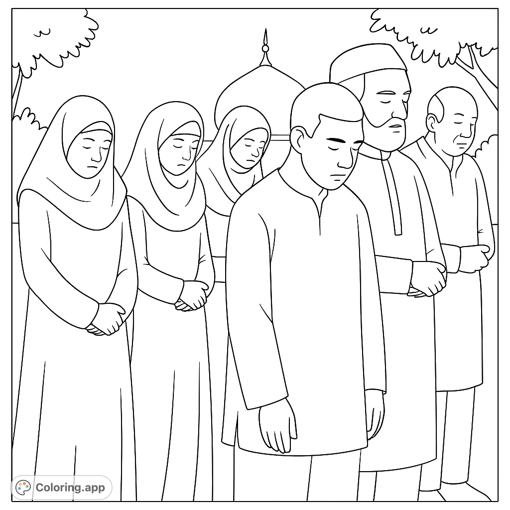A serene community prayer scene featuring individuals in traditional attire, with a grand architectural structure in the background. Perfect for reflection.