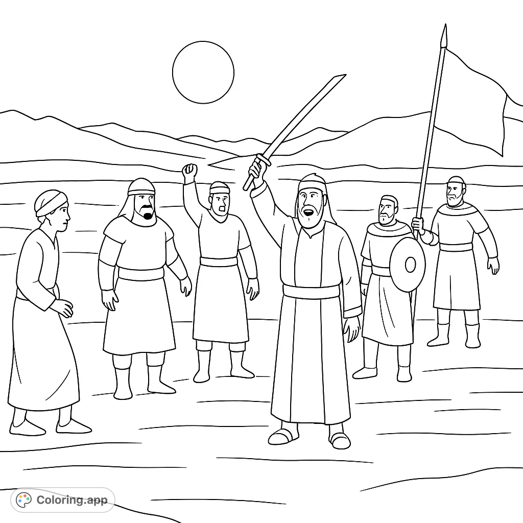 An epic desert scene featuring a group of figures, one raising a sword and another a flag, set against a vast, open landscape.