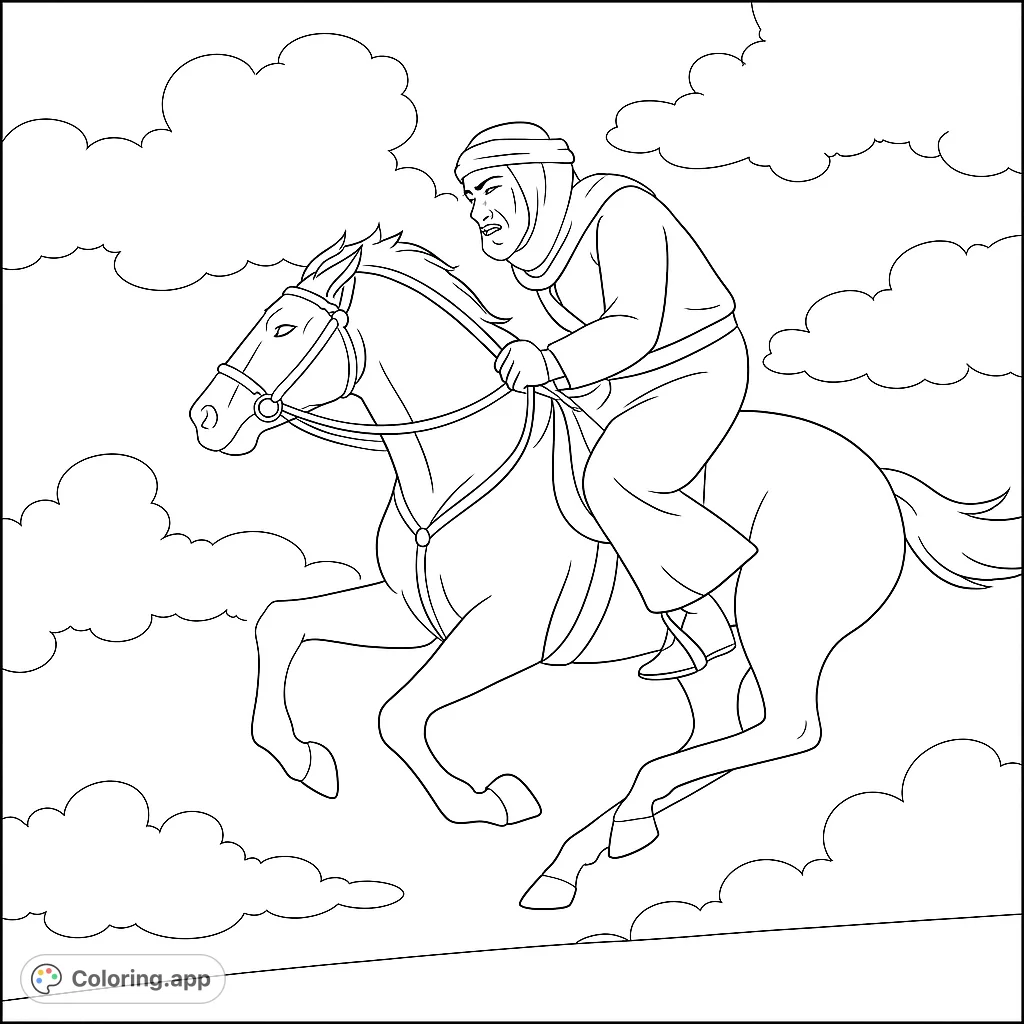 Galloping horse with a rider in traditional attire, set against a dynamic sky. A captivating scene for all ages to color.