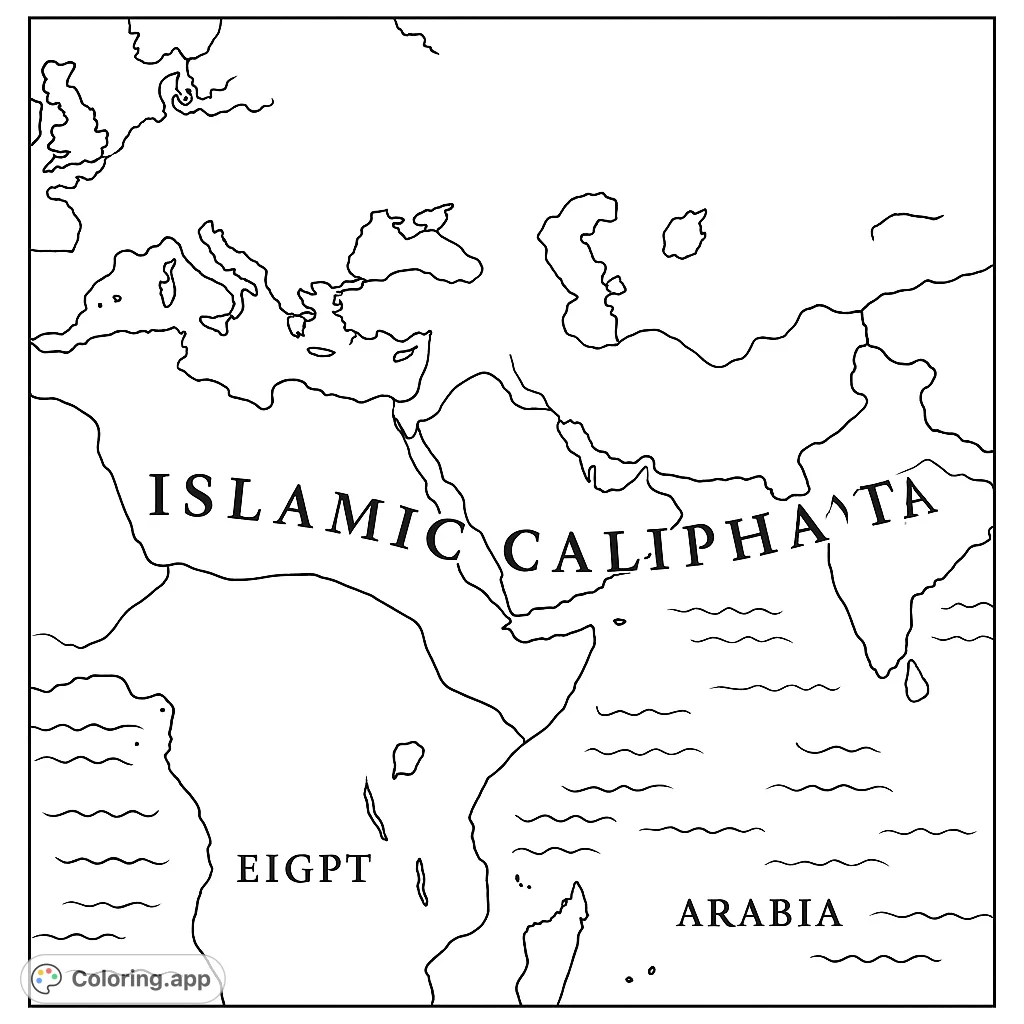 Explore a historical map of a vast empire, featuring detailed landmasses, seas, and distinct regions for an engaging educational coloring experience.