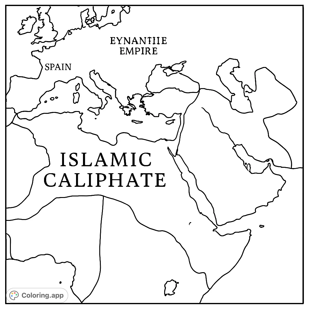 Explore a detailed historical map of the Islamic Caliphate, a free printable historical map coloring page perfect for learning geography and history through creative coloring.