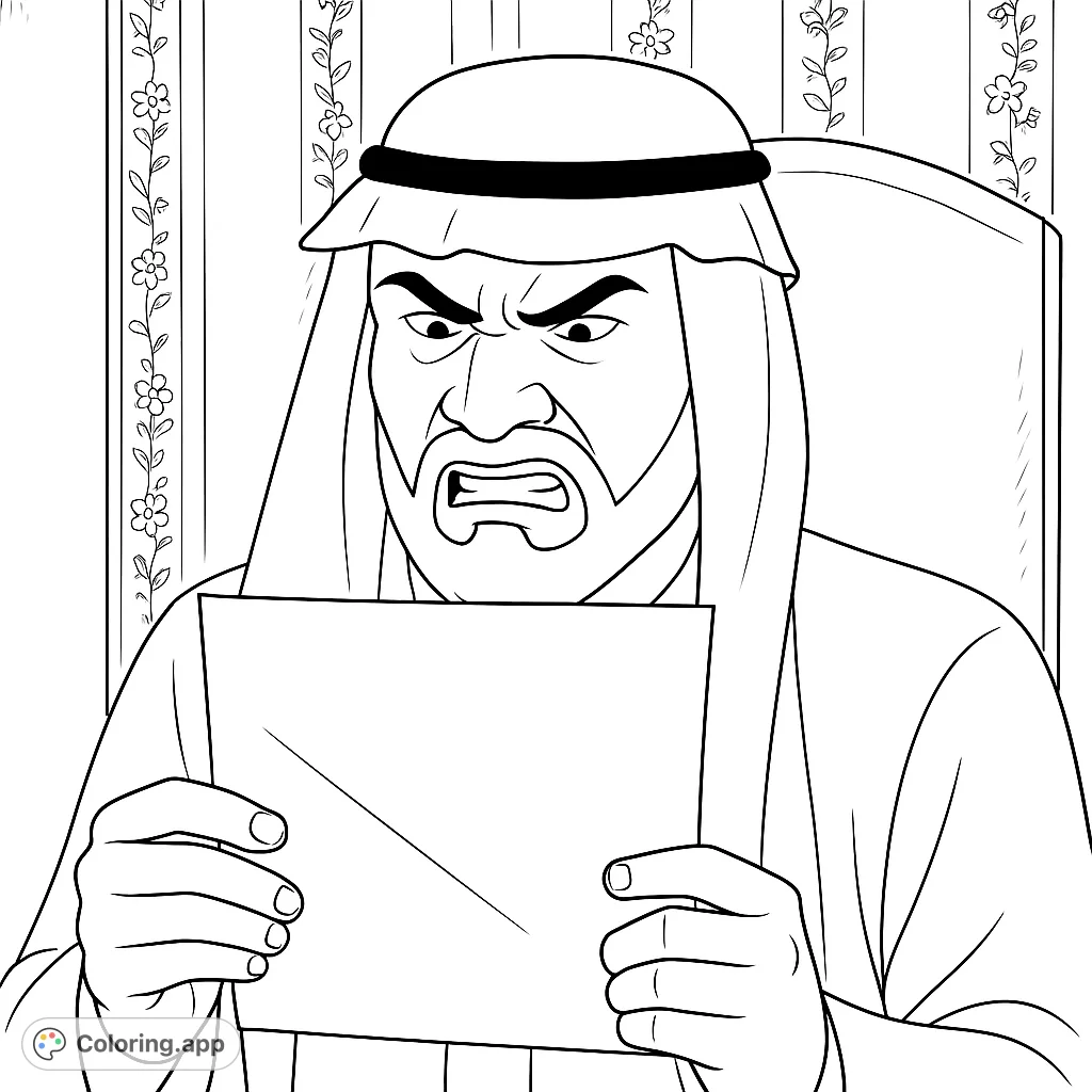 Color a man in traditional attire holding a paper, set against a patterned room. Explore expressions and textures in this unique scene.