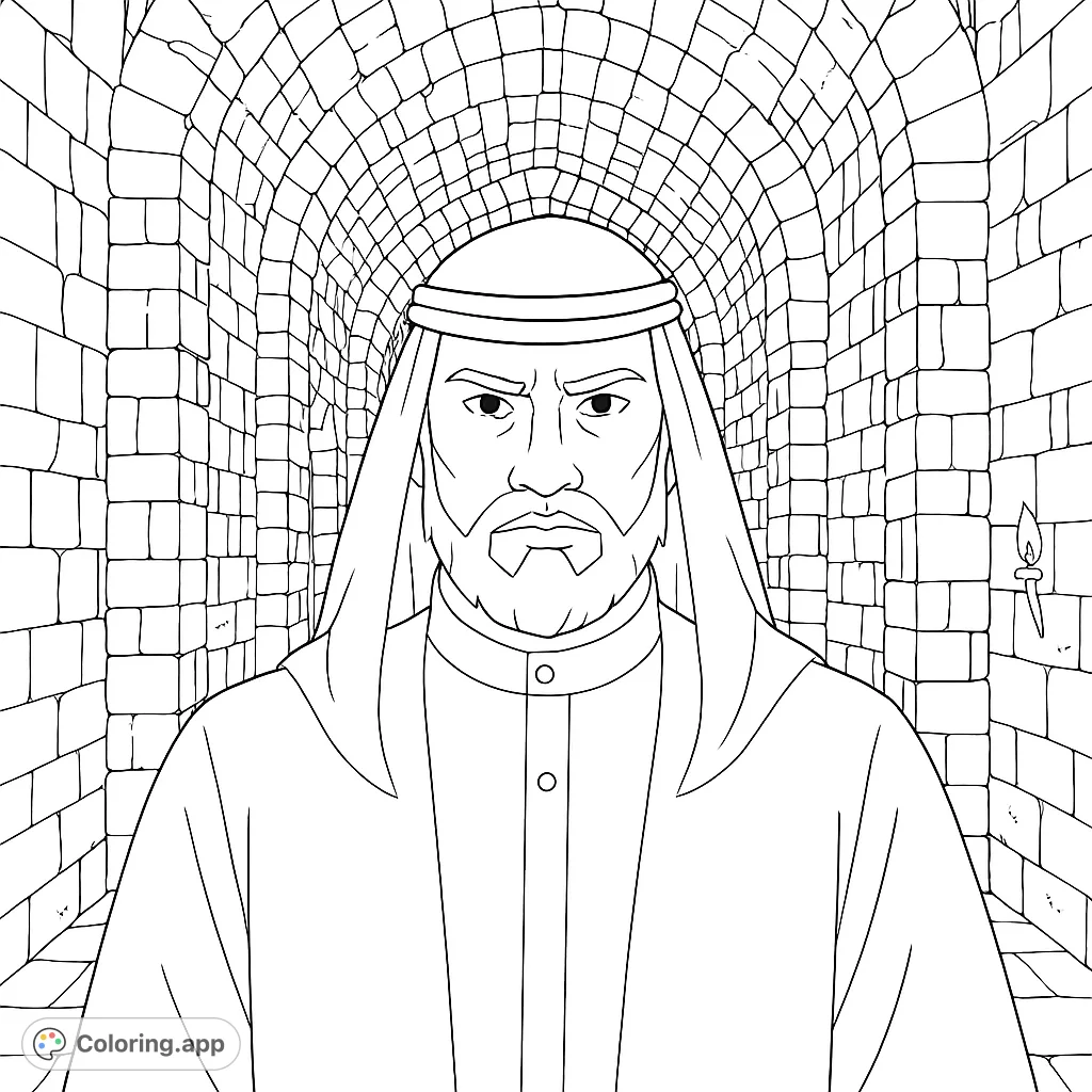 Color a dignified man in traditional attire within a grand stone hall. A detailed historical character coloring page for all ages.