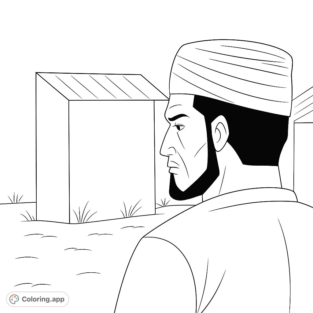 Color a dignified man in traditional headwear and a beard, set against simple architectural forms. A thoughtful portrait for creative expression.
