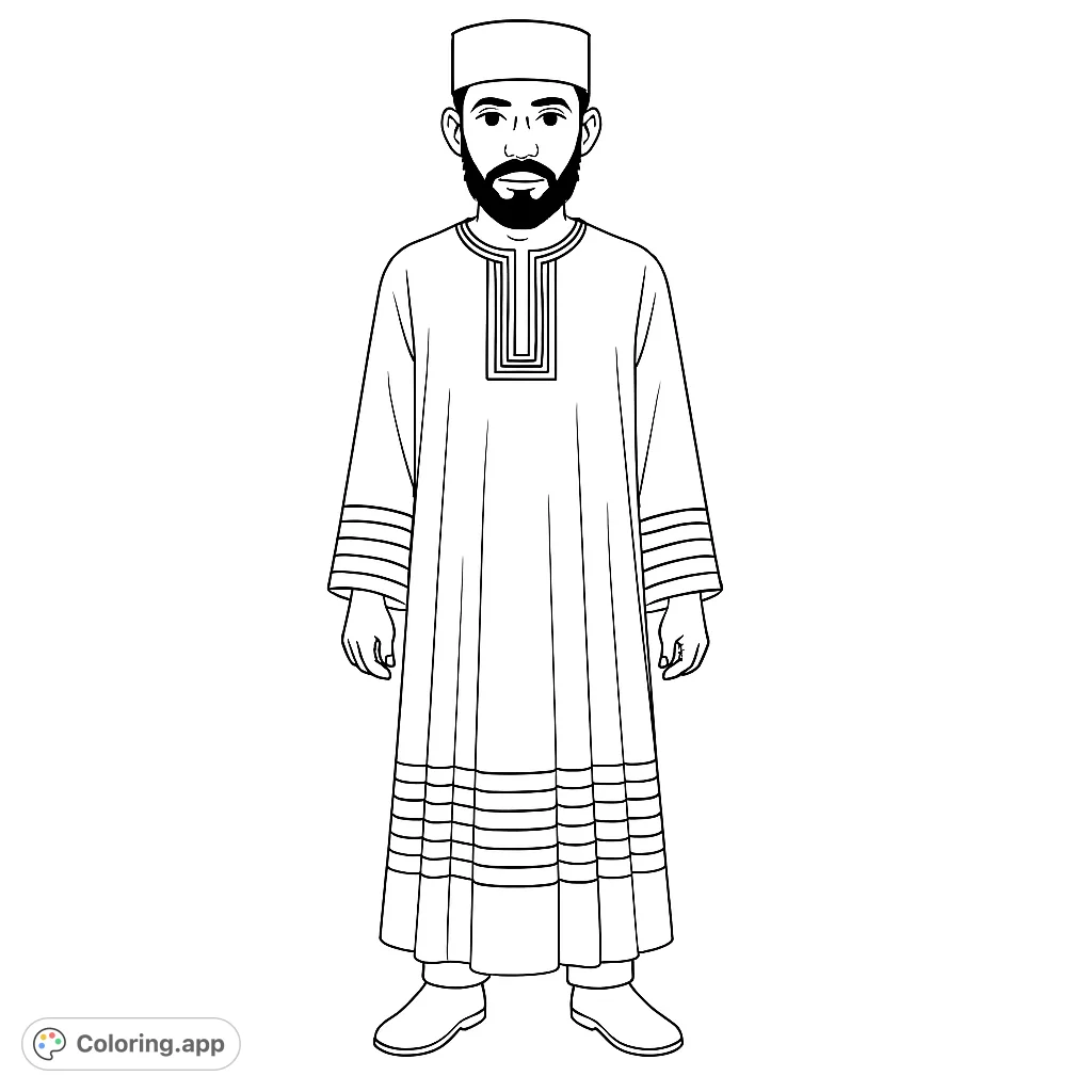 A dignified man in traditional attire, featuring a long robe with intricate patterns on the neckline, sleeves, and hem. Perfect for cultural exploration.