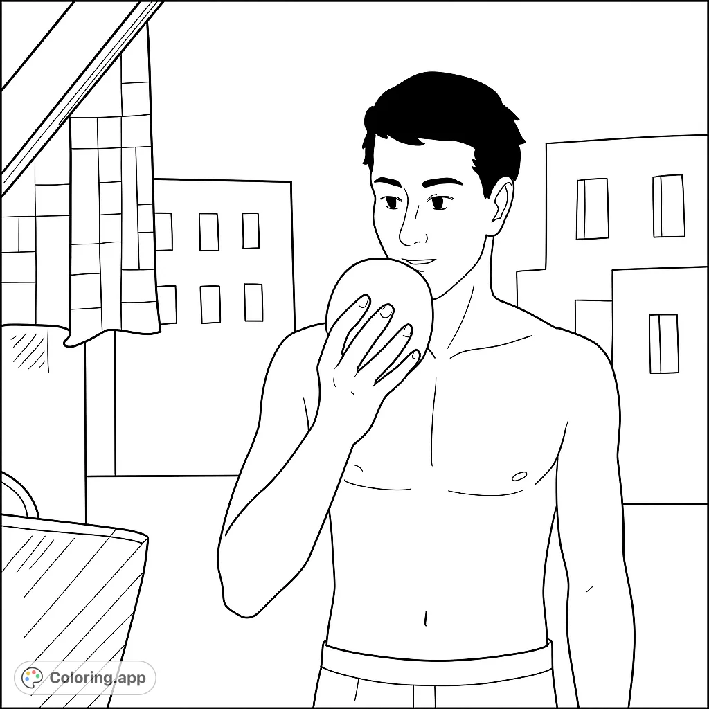 A young man holds a fruit in a rustic, ancient setting. This engaging coloring page invites you to bring a historical scene to life with your creative touch.