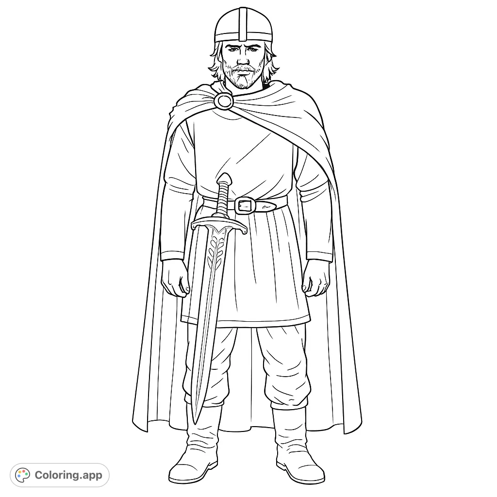 Color a valiant medieval warrior in full attire, complete with helmet, flowing cape, and an ornate sword. A detailed historical adventure awaits!