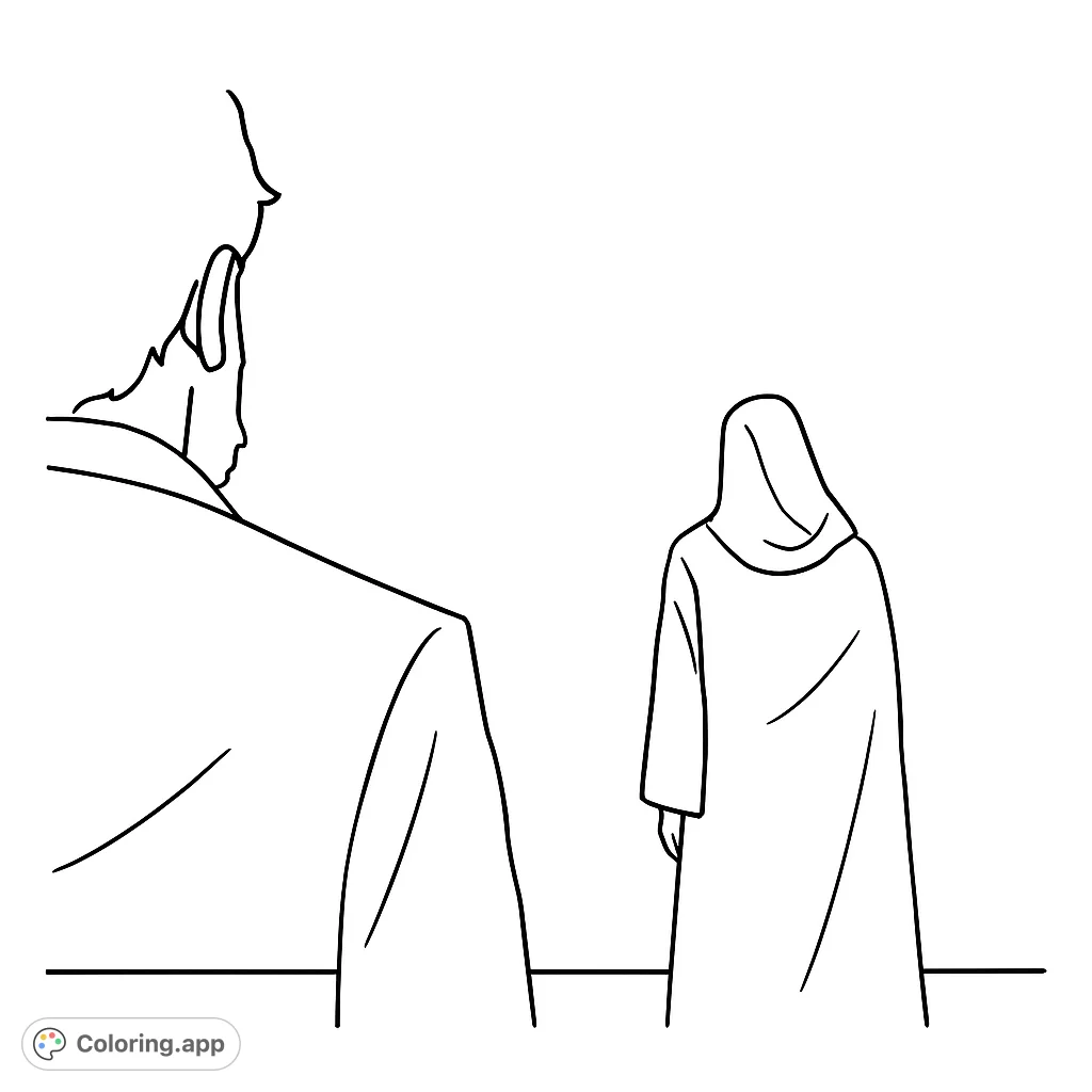 Color a scene with two mysterious figures, one cloaked, standing in a dark, undefined space. Perfect for imaginative coloring.