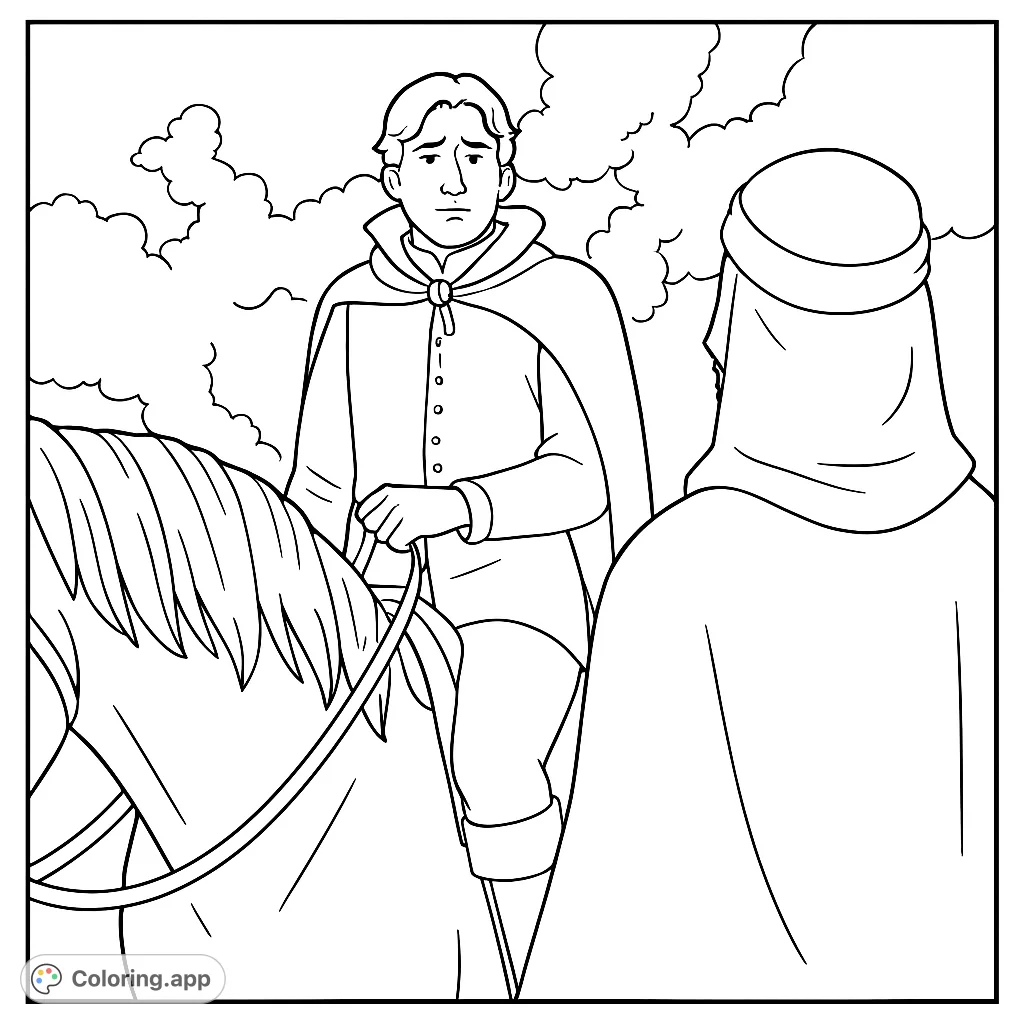 A historical or fantasy scene featuring two distinct figures: a noble in a ruffled collar and cloak, and a hooded companion, set against a dramatic cloudy sky.