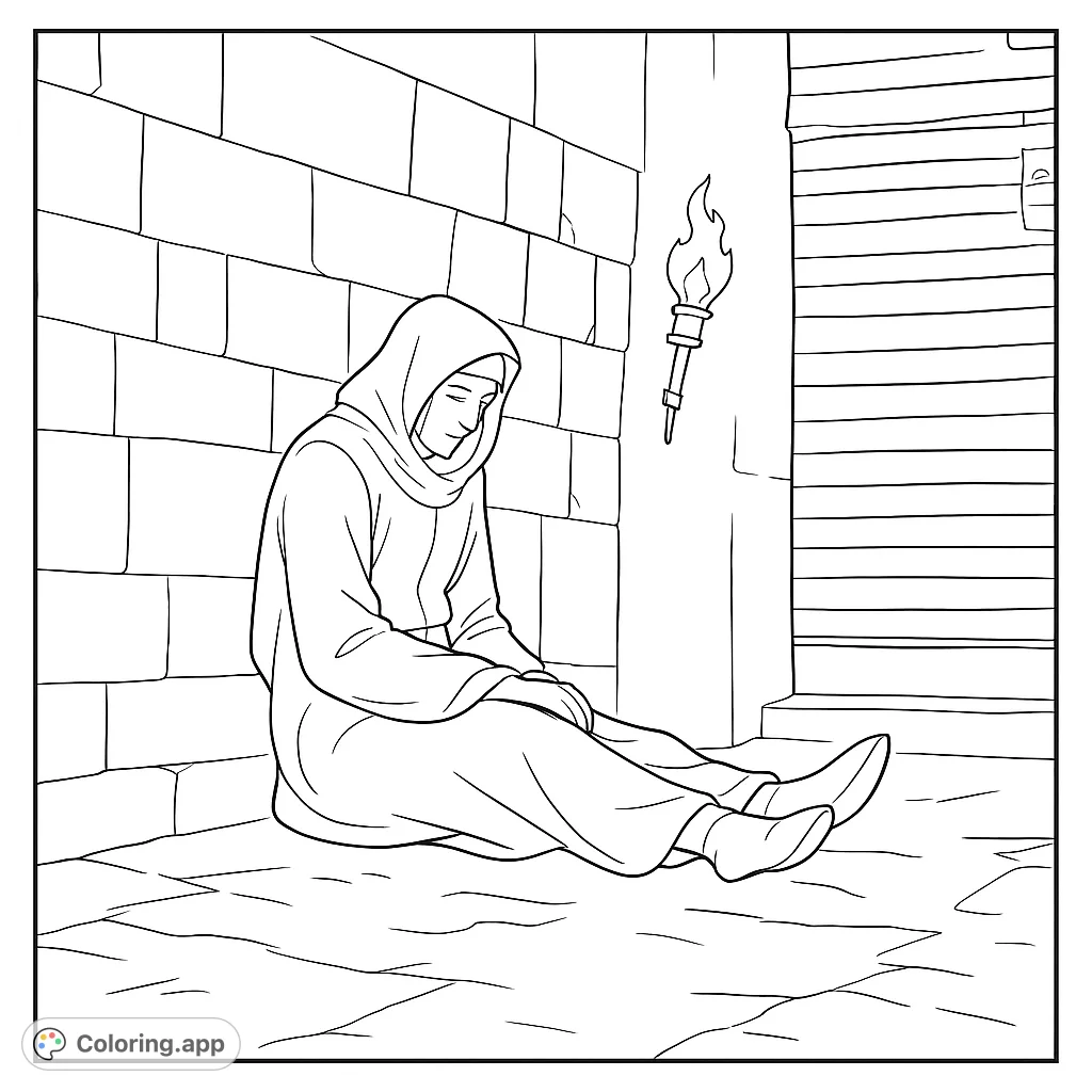 A solitary figure sits by a torch in a stone chamber, offering a contemplative scene for coloring. Perfect for mindful reflection.