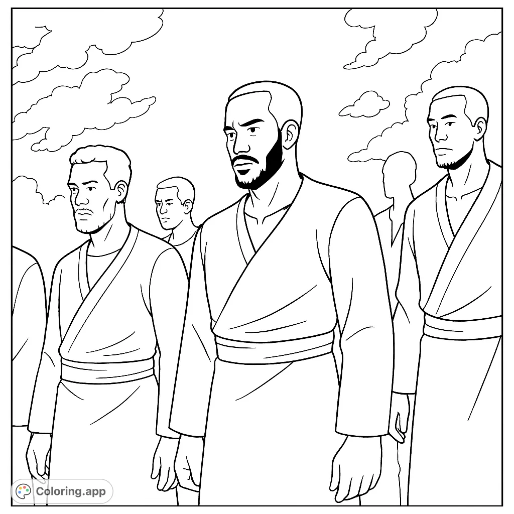 A group of stoic figures in simple garments stand against a cloudy sky, offering a compelling scene for creative coloring.