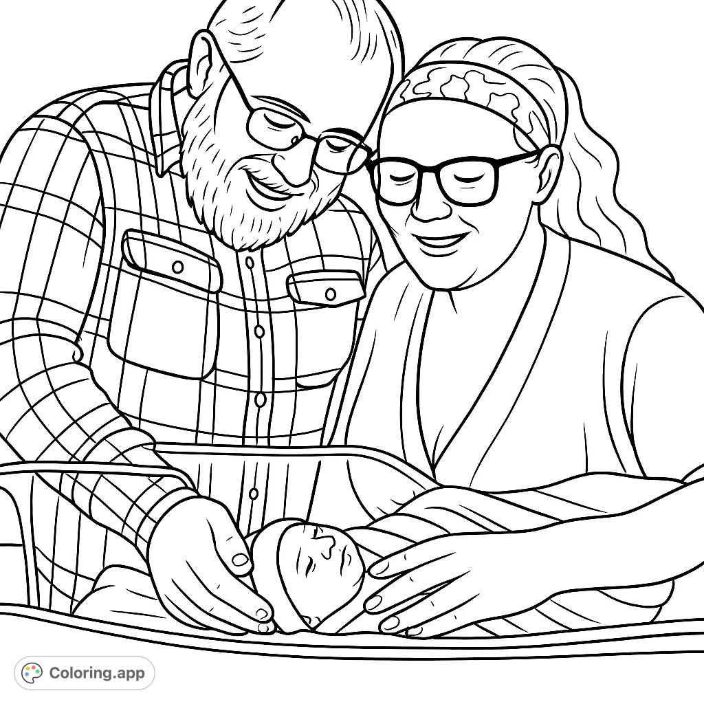 Capture the tender joy of new parents welcoming their newborn baby in this heartwarming family coloring page. A beautiful scene for all ages.