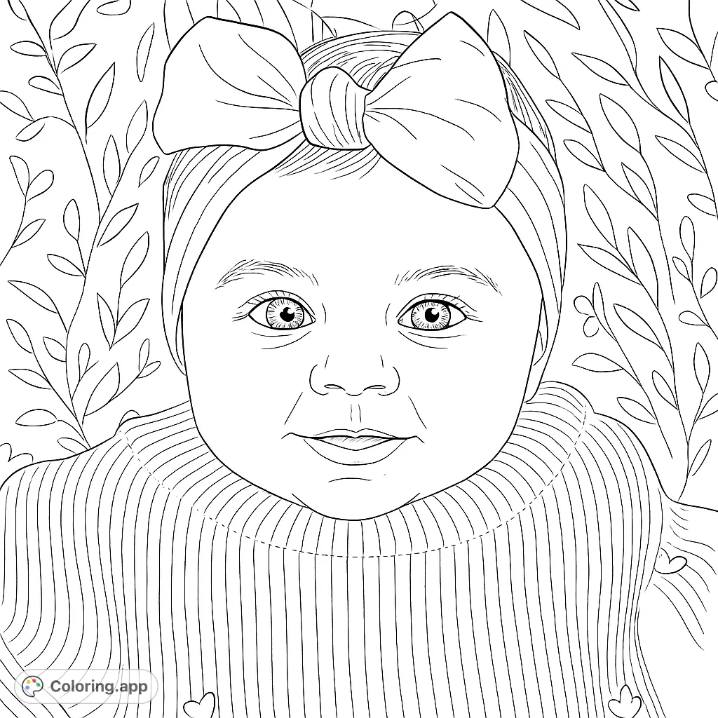 Capture the innocence of a smiling baby wearing a cute bow headband and a cozy knitted sweater. A heartwarming and delightful coloring page for all ages.