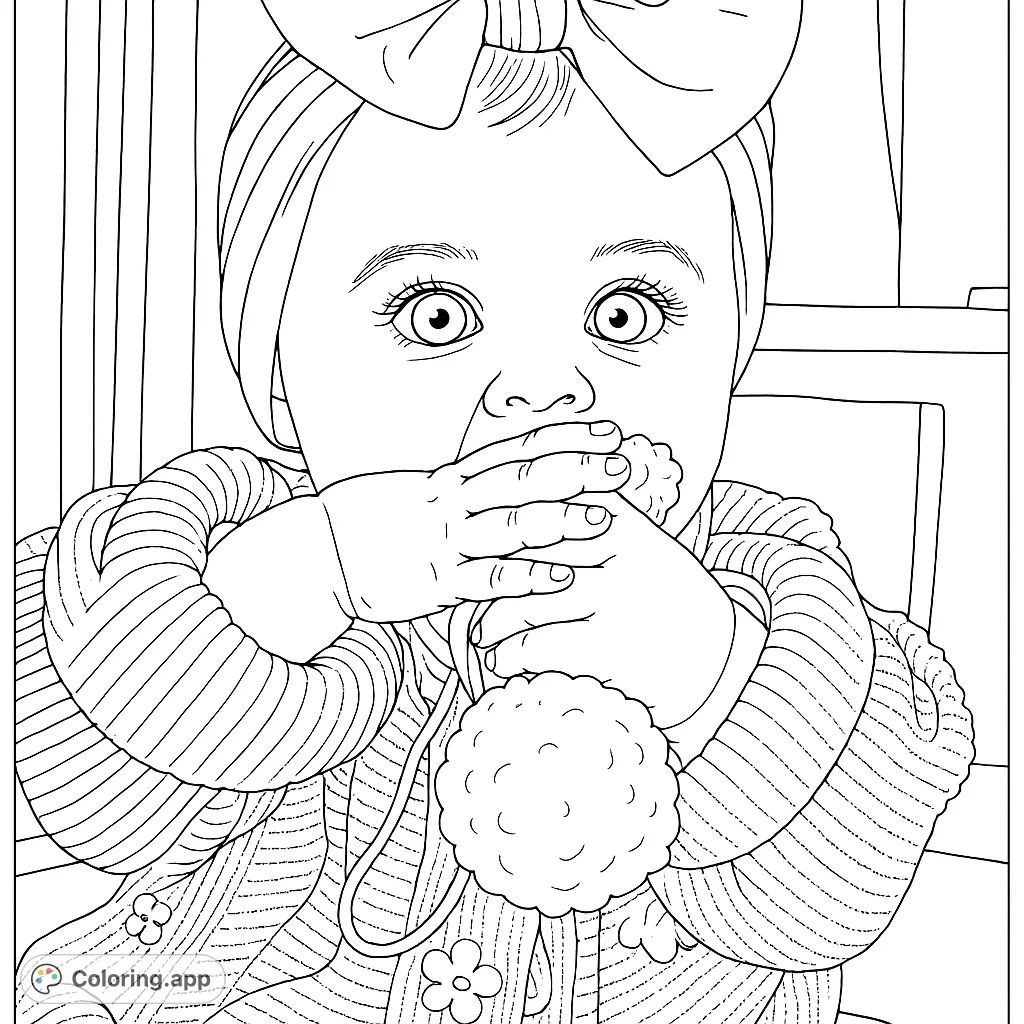 An adorable baby portrait featuring a large bow and knitted details, perfect for a heartwarming coloring experience.