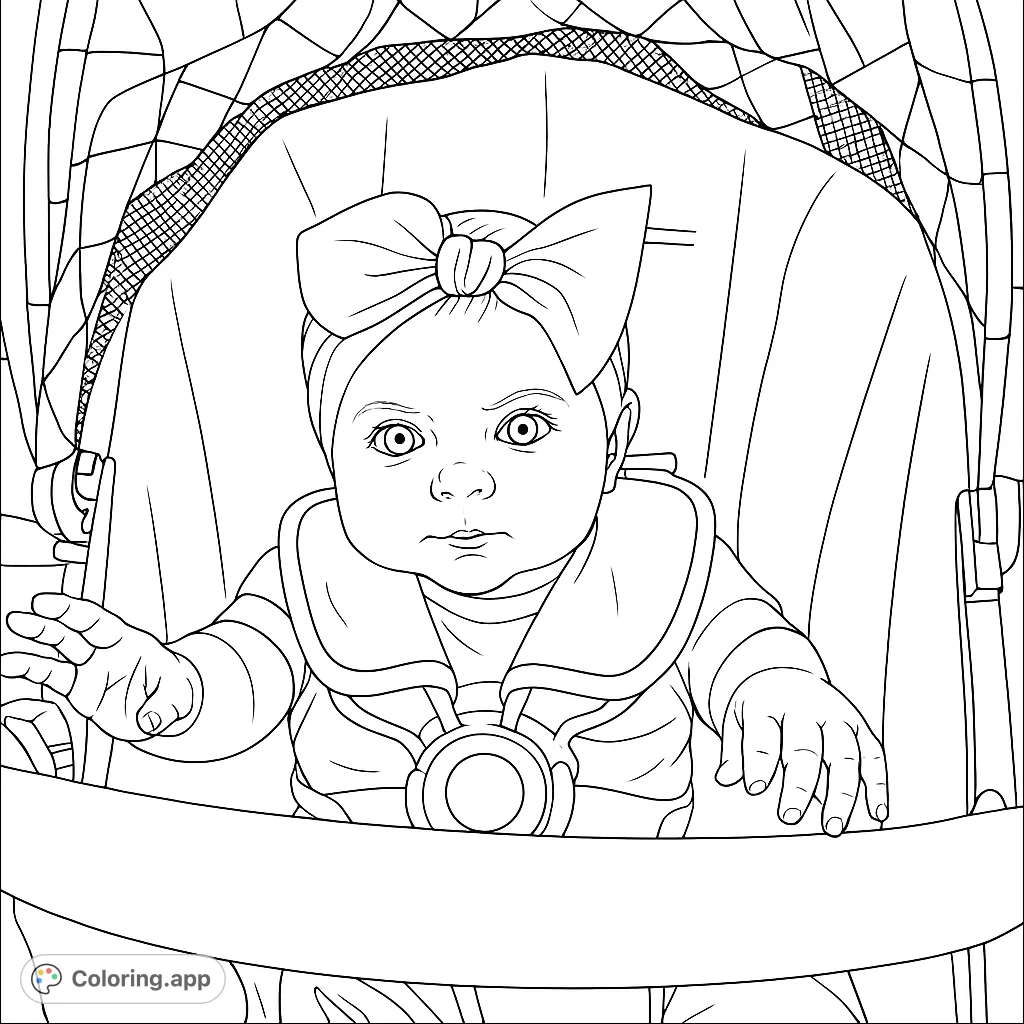A charming baby in a stroller, featuring a sweet infant with a large bow and a patterned canopy. Perfect for all ages to color and enjoy.
