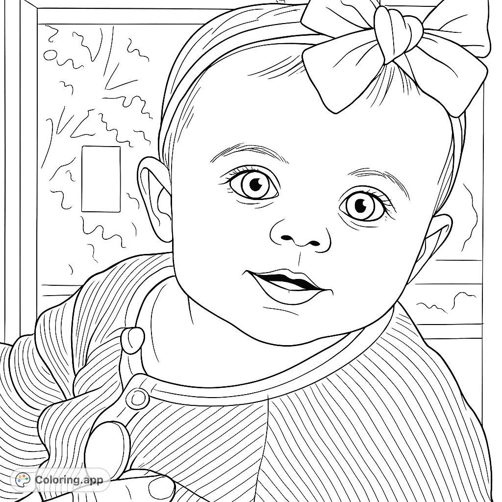 Capture the innocence of a sweet baby with a charming smile and a decorative bow. A delightful baby coloring page for all ages.