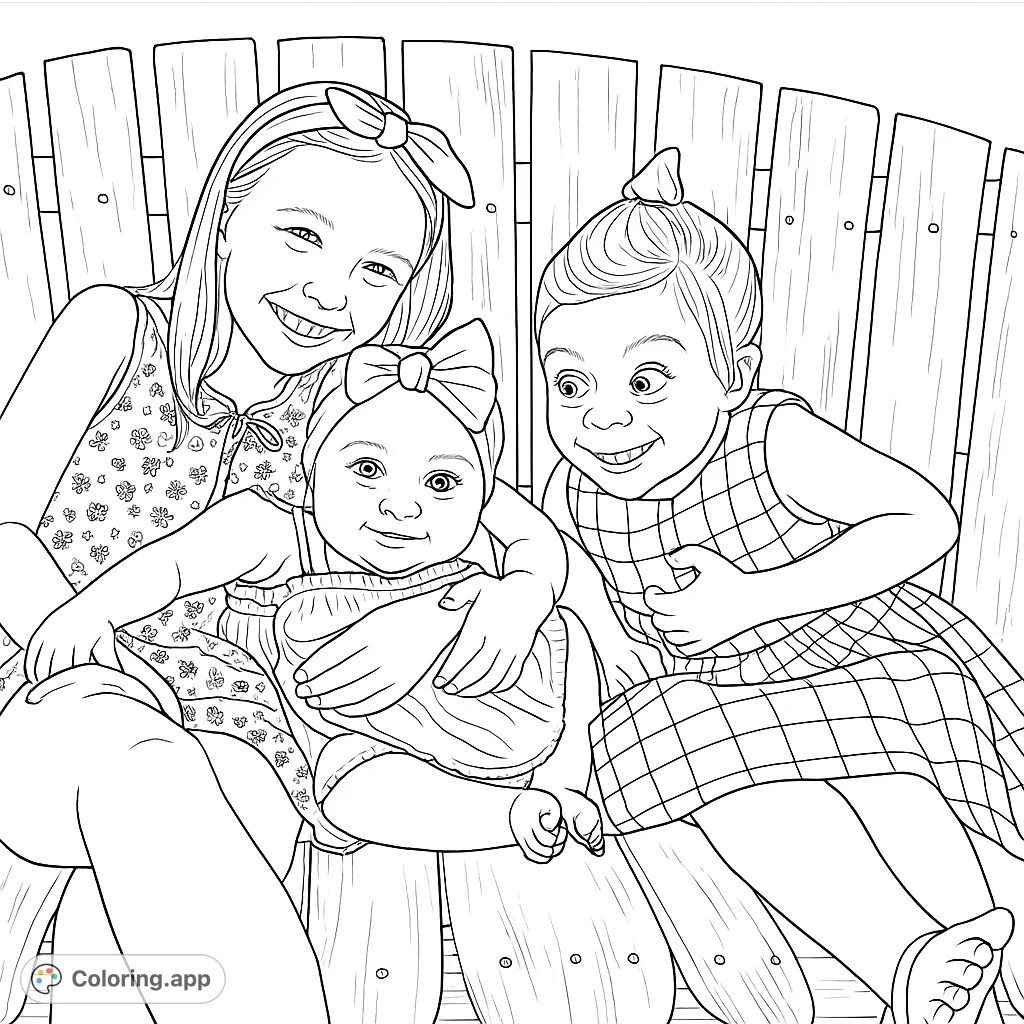 Capture the heartwarming bond of three sisters on a rustic bench. A delightful family portrait perfect for creative expression and cherished memories.