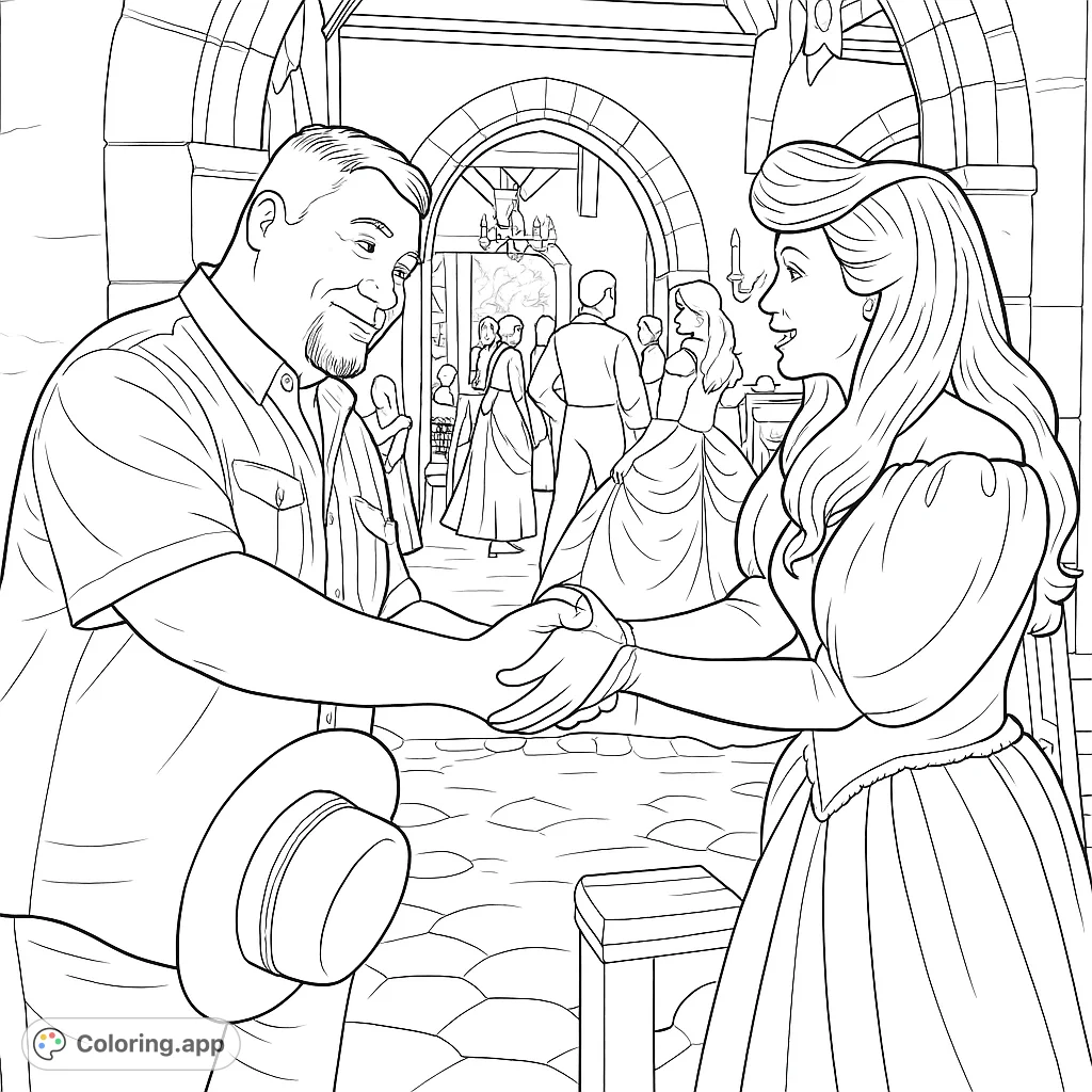 An enchanting scene featuring a friendly handshake between a man and a beloved character in a grand hall. Perfect for fairy tale fans!