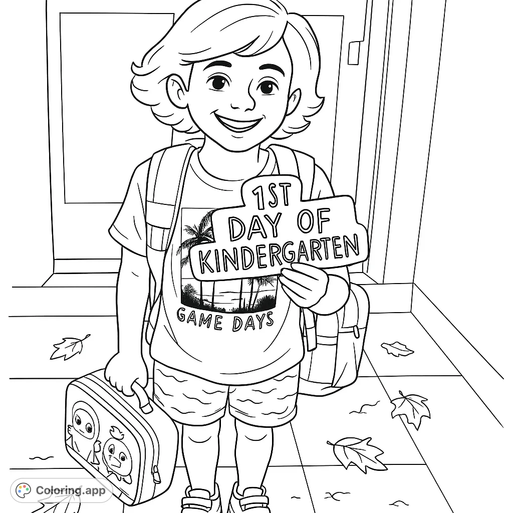 Capture the excitement of a child's first day of kindergarten! This free printable coloring page features a smiling student with backpack and sign.