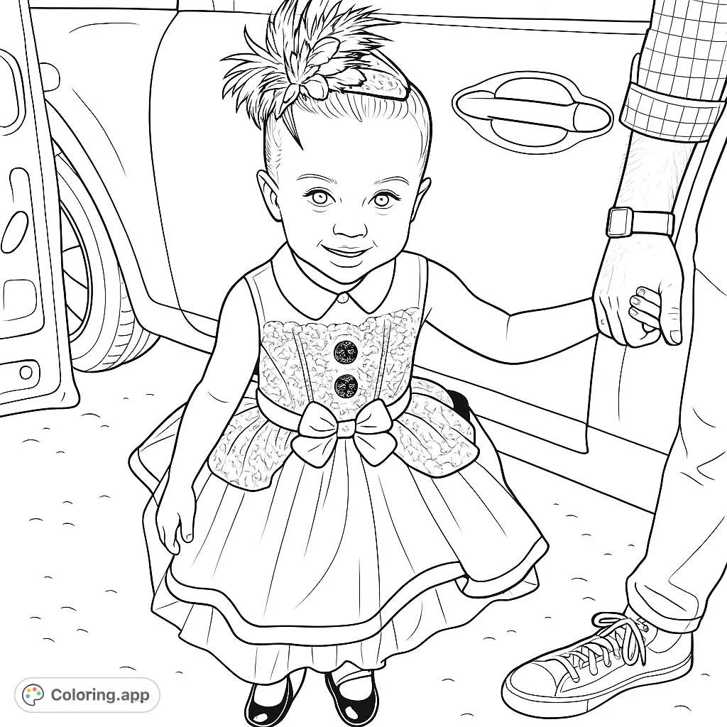 An adorable child in a detailed, layered costume with a feathered hat and a prominent bow, holding hands with an adult. Perfect for creative coloring fun!