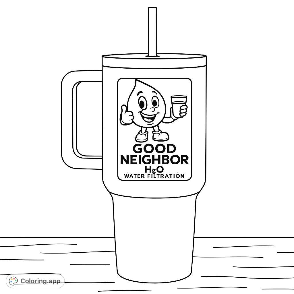 A friendly water droplet character on a large tumbler, perfect for a refreshing and engaging coloring experience.