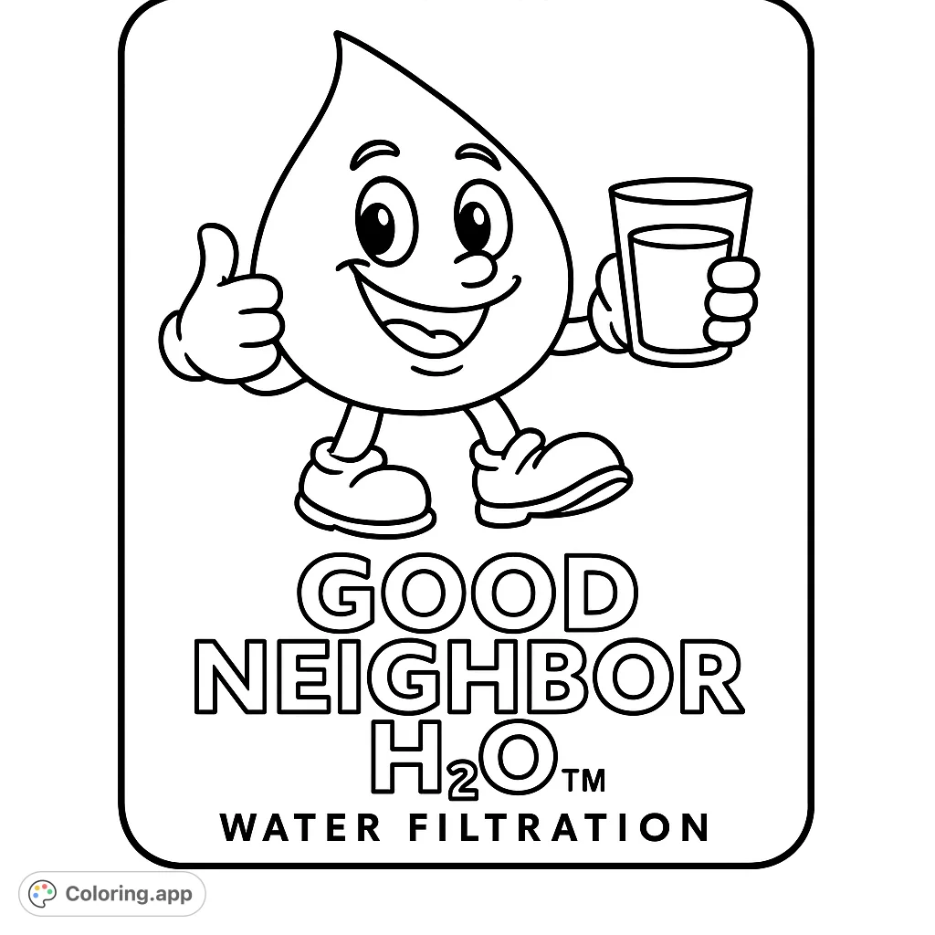 Color a cheerful water droplet character giving a thumbs-up and holding a glass of liquid, framed by a border. A fun, free printable coloring page.