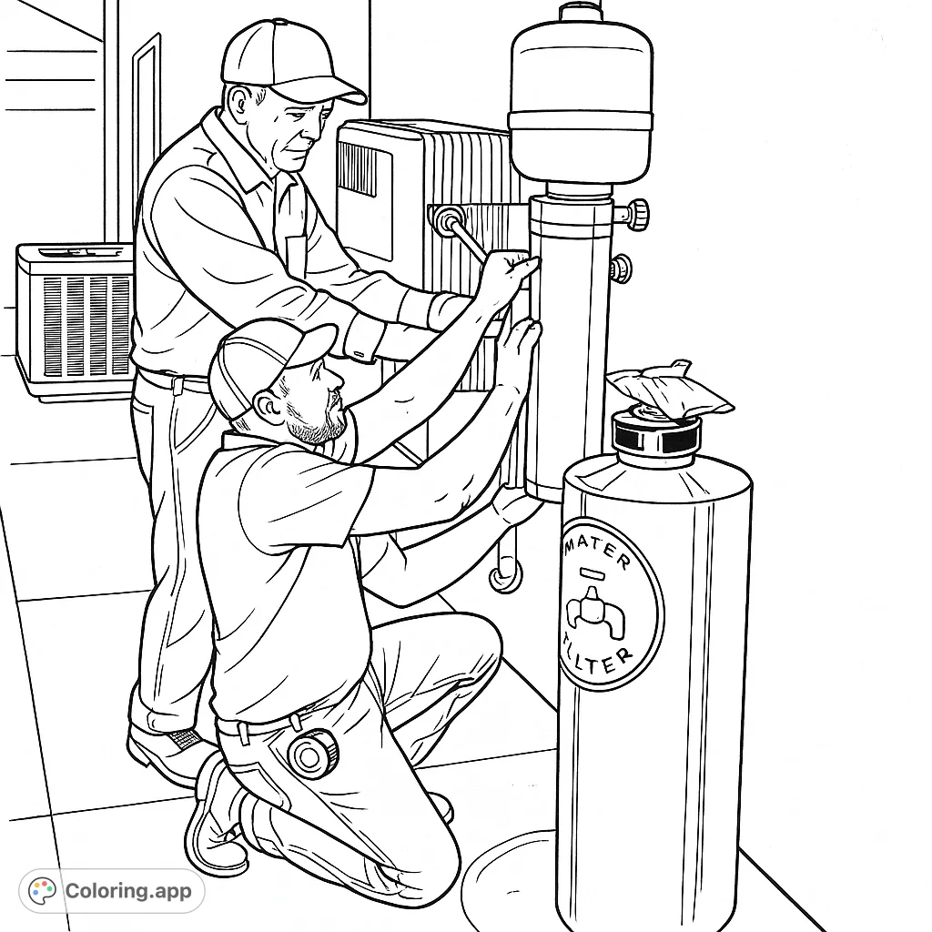 A detailed utility installation scene featuring two technicians working on a complex system. Perfect for adults who enjoy realistic and intricate designs.
