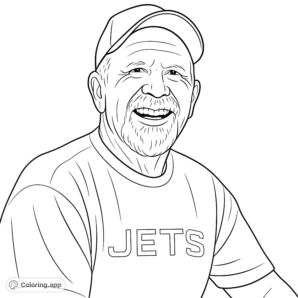 Capture the joy of a smiling man in a cap and "JETS" shirt. A delightful portrait for personalizing with your favorite colors.