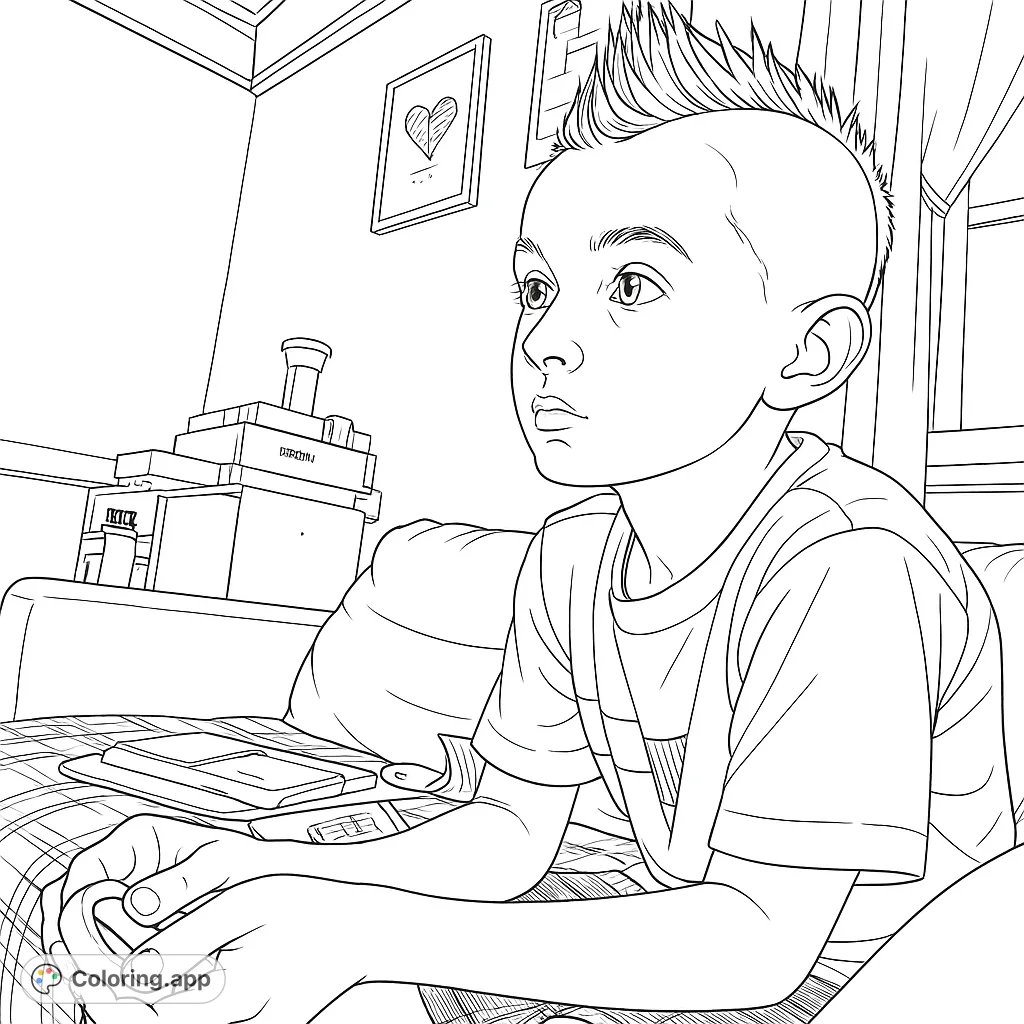 A young boy with a cool mohawk haircut sits intently indoors, holding an object. Perfect for kids to color and express creativity.