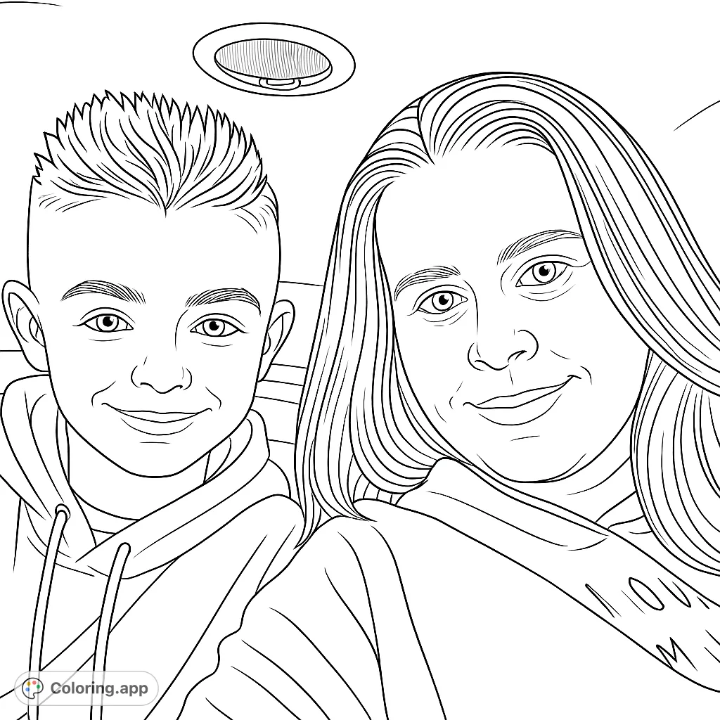 Capture a heartwarming moment of two smiling individuals on a car journey. A perfect family coloring page for all ages, featuring detailed expressions and cozy attire.
