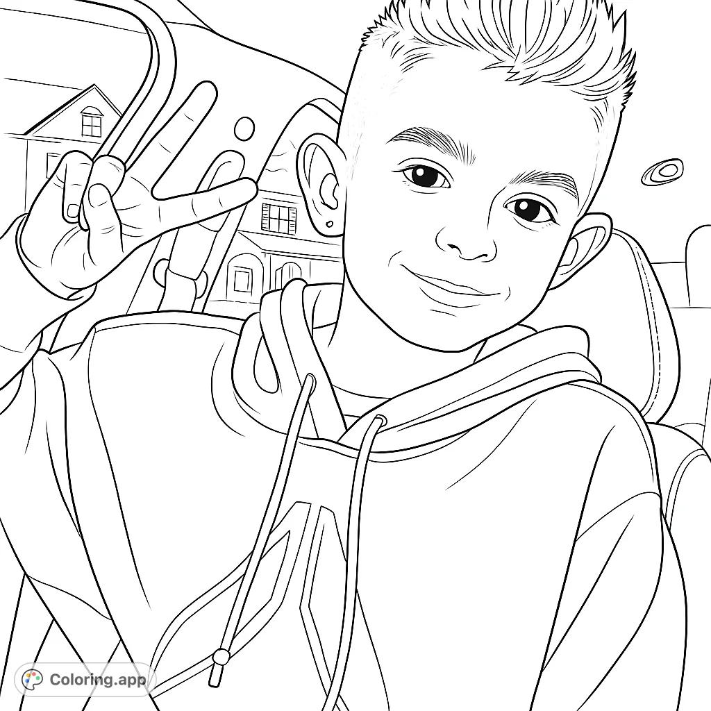 A modern youth flashes a peace sign from inside a car, featuring a cool haircut and casual hoodie. A fun, free printable coloring page for teens.
