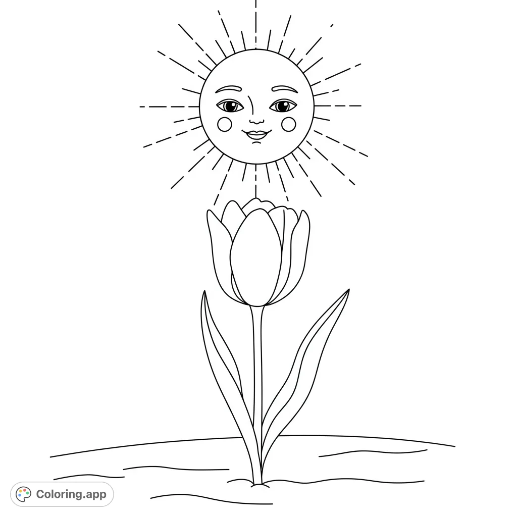 A cheerful tulip stands beneath a smiling sun, creating a delightful scene perfect for a free printable flower coloring page. Enjoy this happy nature design!