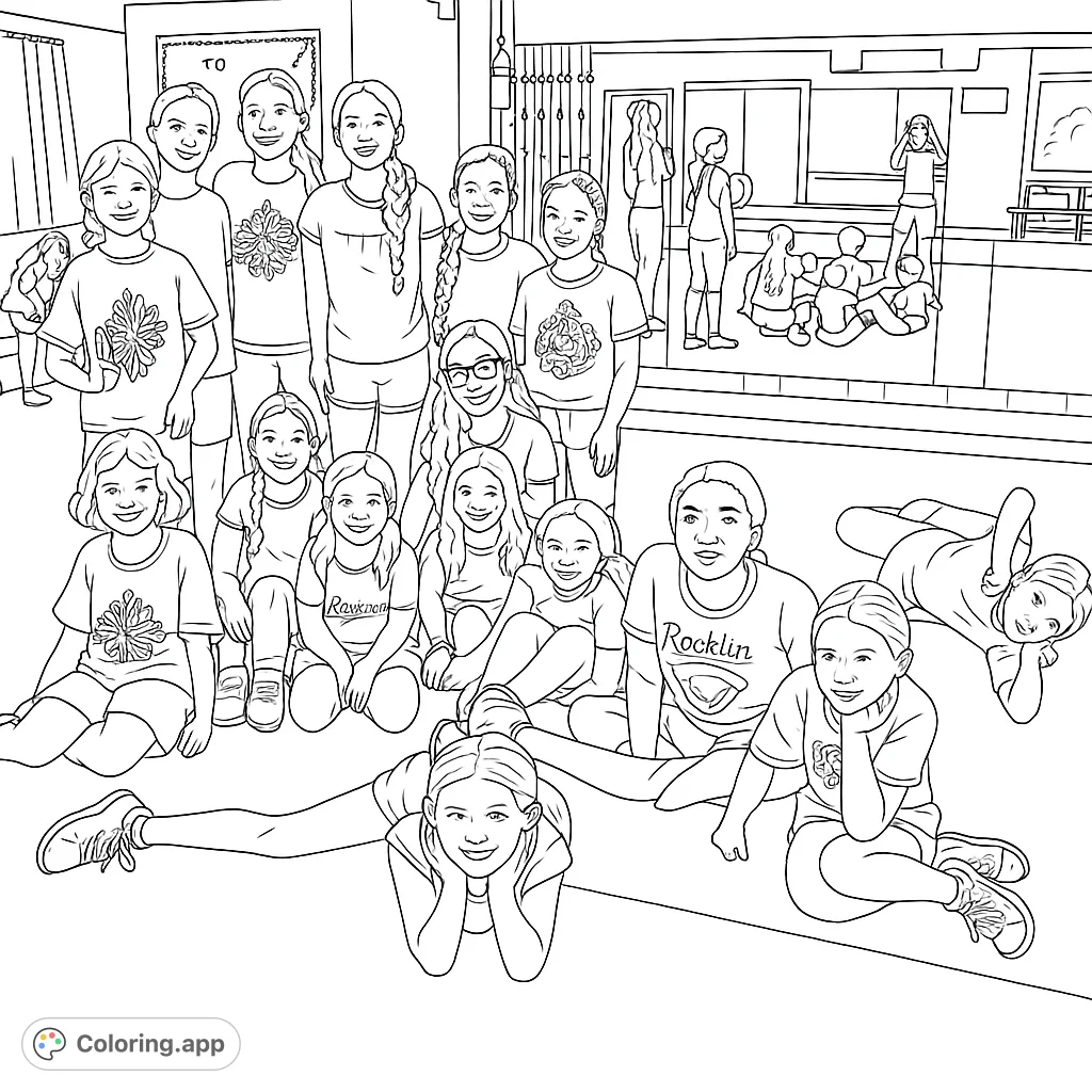Capture the energy of a gymnastics team in a dynamic group pose. Perfect for young athletes and aspiring gymnasts.