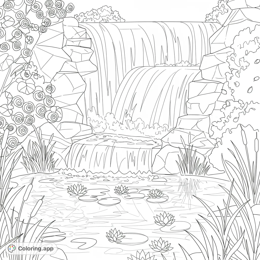 Experience a mesmerizing geometric triangle cascade flowing into a tranquil pond with perfect reflections. An intricate abstract design for creative coloring.