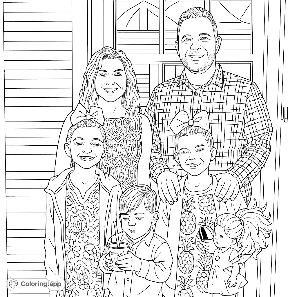 A happy family of five smiles for a portrait, perfect for a heartwarming coloring experience. Capture the joy of togetherness.