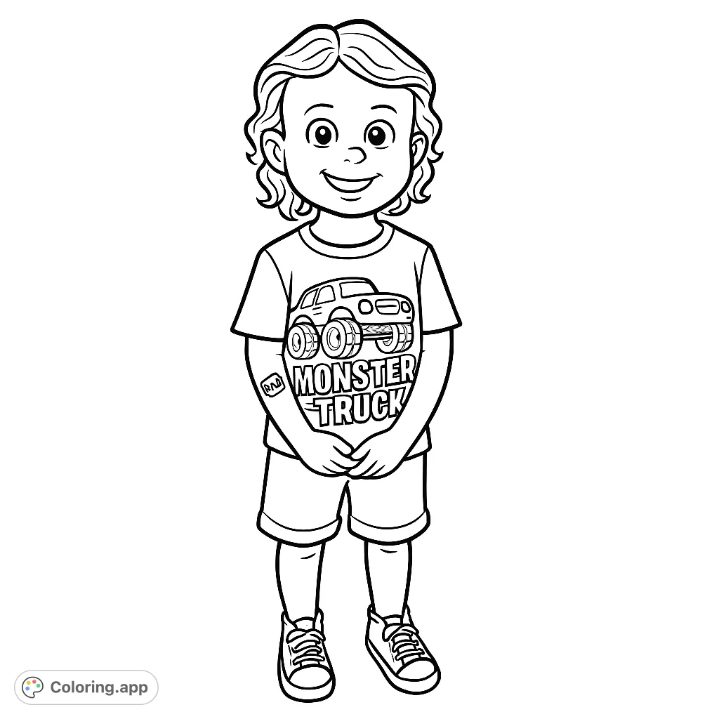 A cheerful child wearing a cool monster truck shirt, ready for a burst of creativity! Perfect for young fans of big trucks and happy faces.